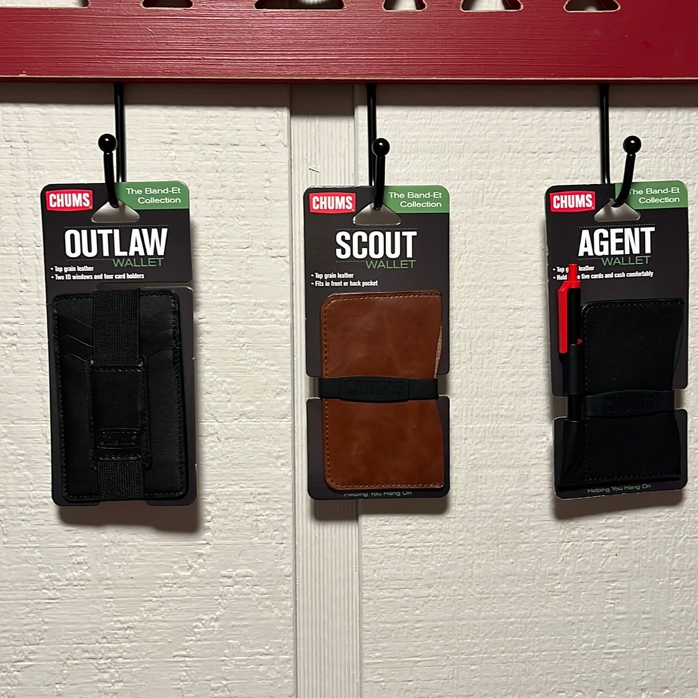 Set of 3 Chums Wallets. One black outlaw, one brown scout and one black agent
